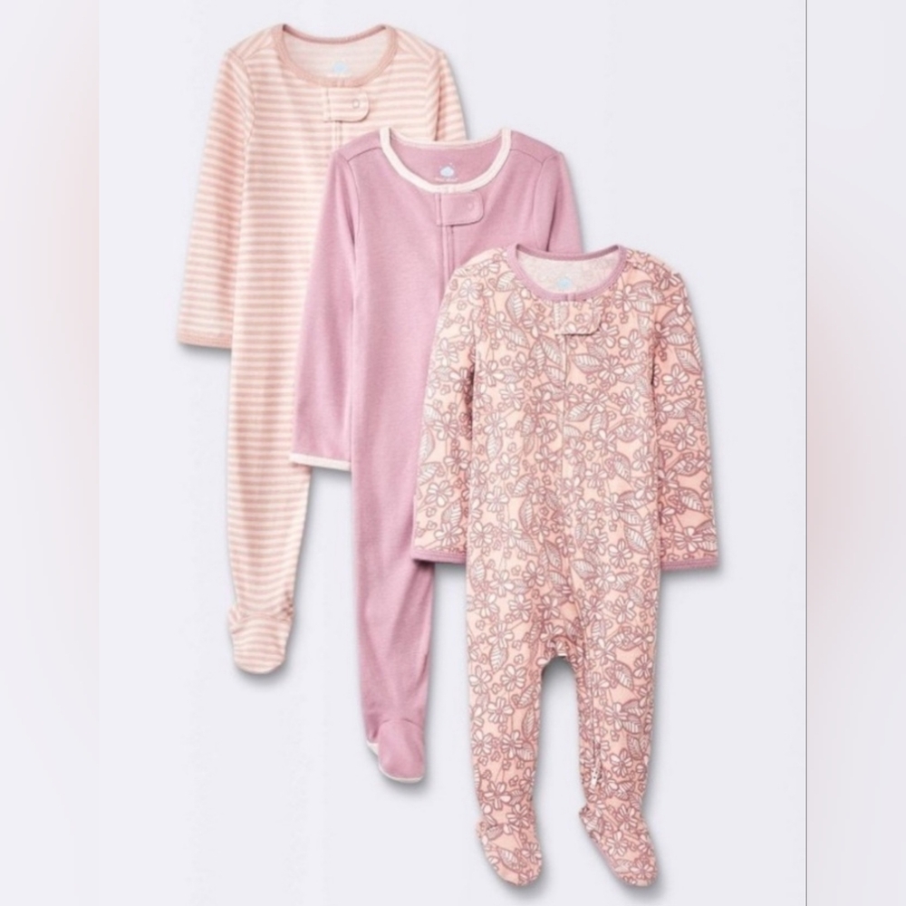📢 NWT Cloud Island Baby Girls 3pk Floral Cotton Sleep N' Play Pink (Size: 6-9M)